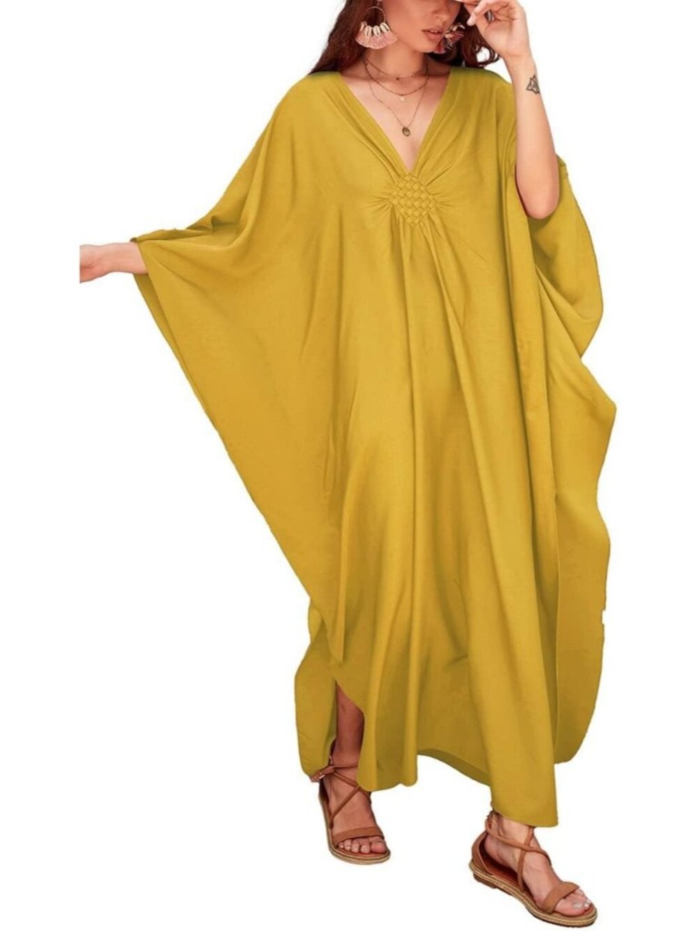 Women's Plus Size F Yellow Kaftan Maxi Dress V Neck Batwing Swimsuit Cover Up